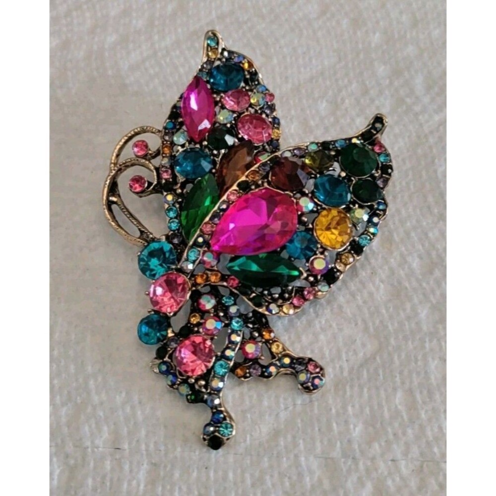Pink & Blue Rhinestone Profile Butterfly Brooch/Pendant 3.75" X 2.5"
